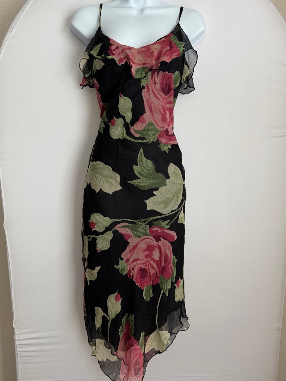 Vintage Y2K Guess Black Midi Slip Dress with Pink Rose Print